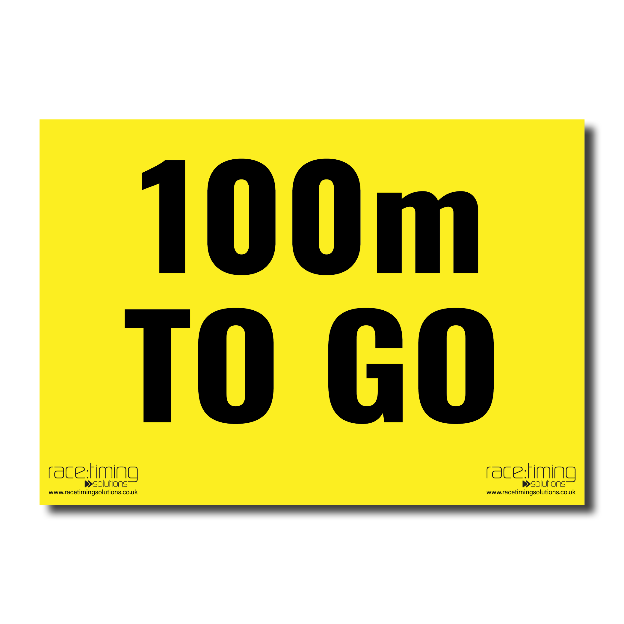 Yellow sign with black '100M TO GO' text 