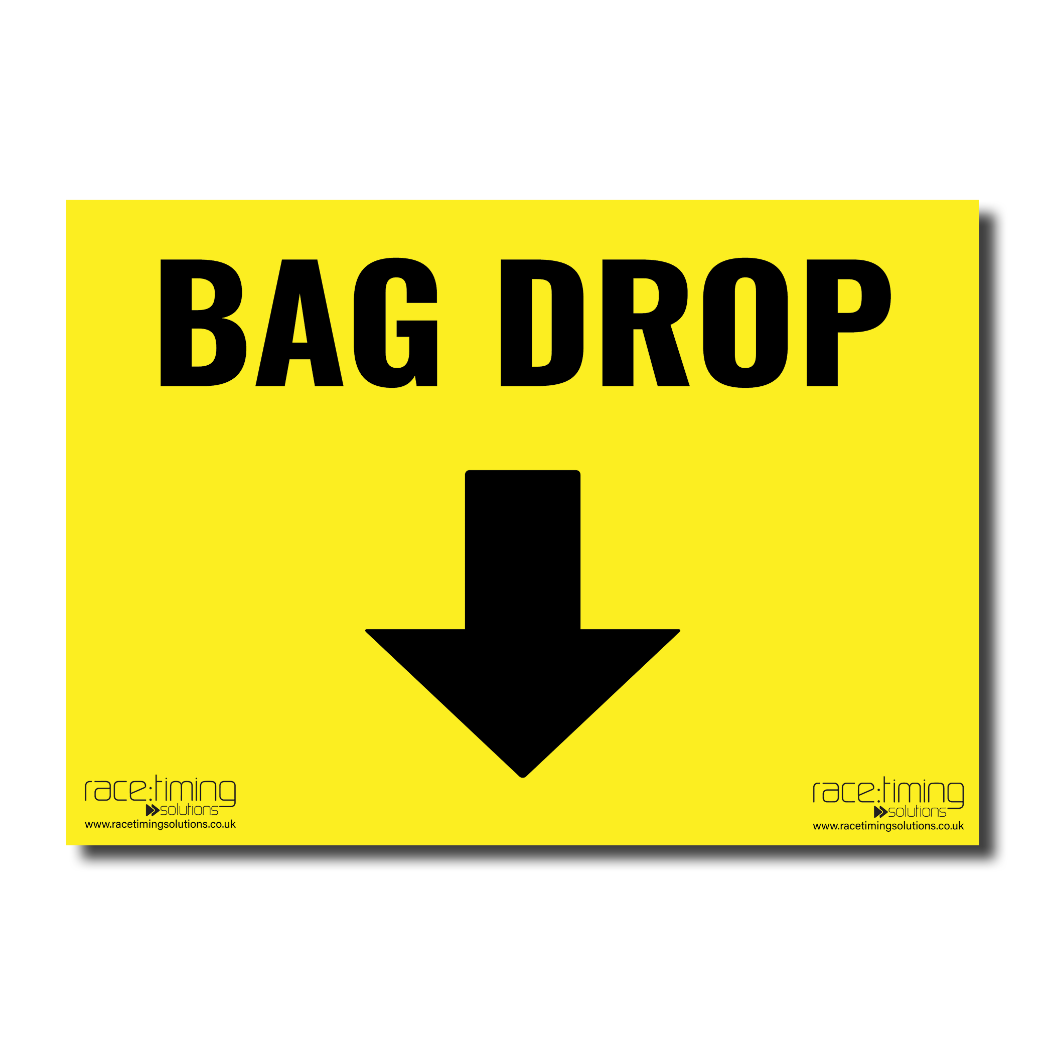 Yellow sign with 'BAG DROP' and a down arrow