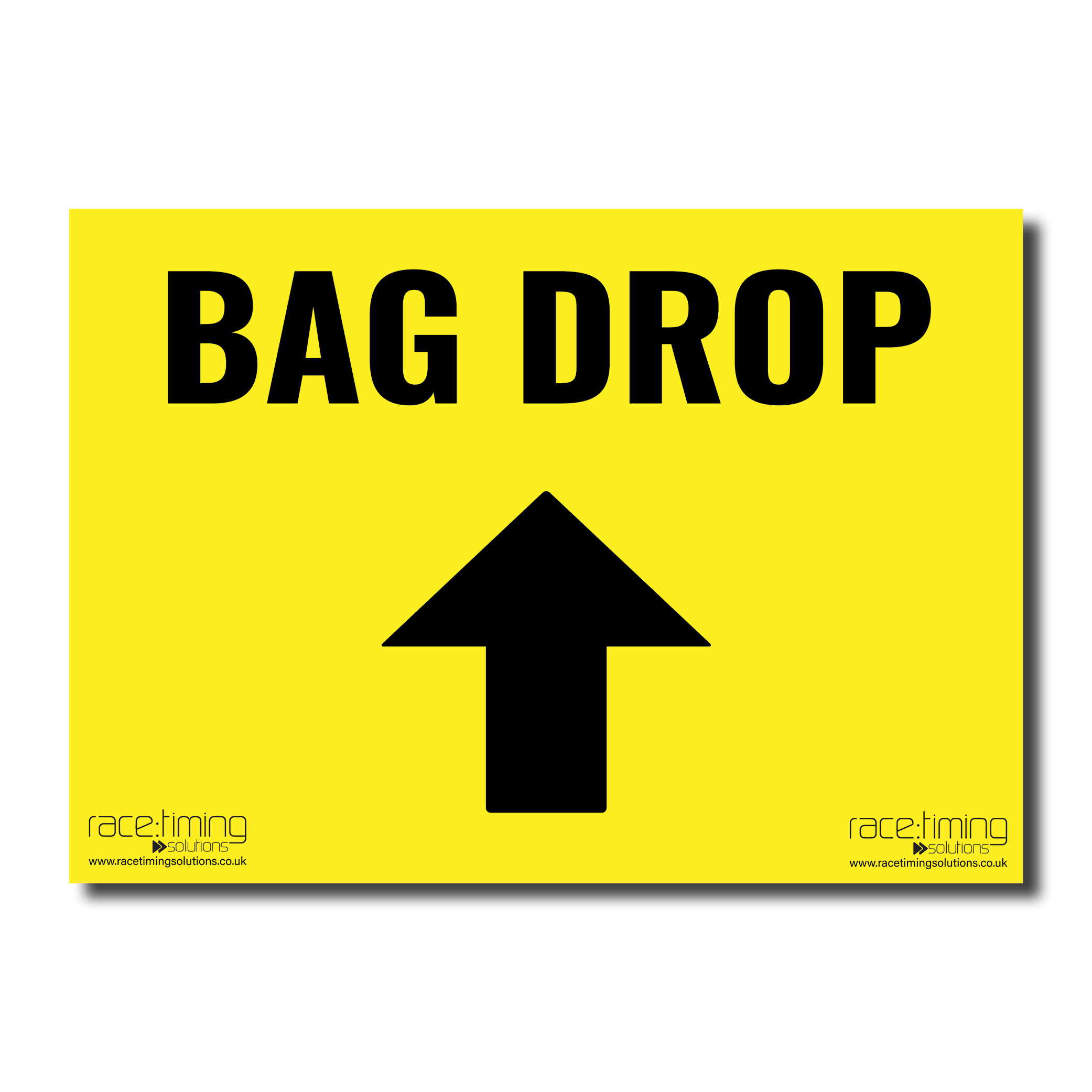 Yellow sign with 'Bag Drop' and an arrow pointing straight (up)