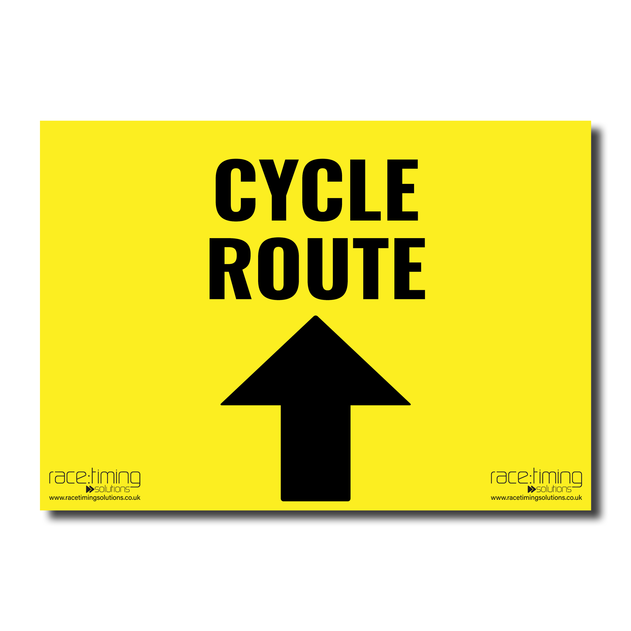 Yellow sign with 'Cycle Route' and an up (straight) arrow