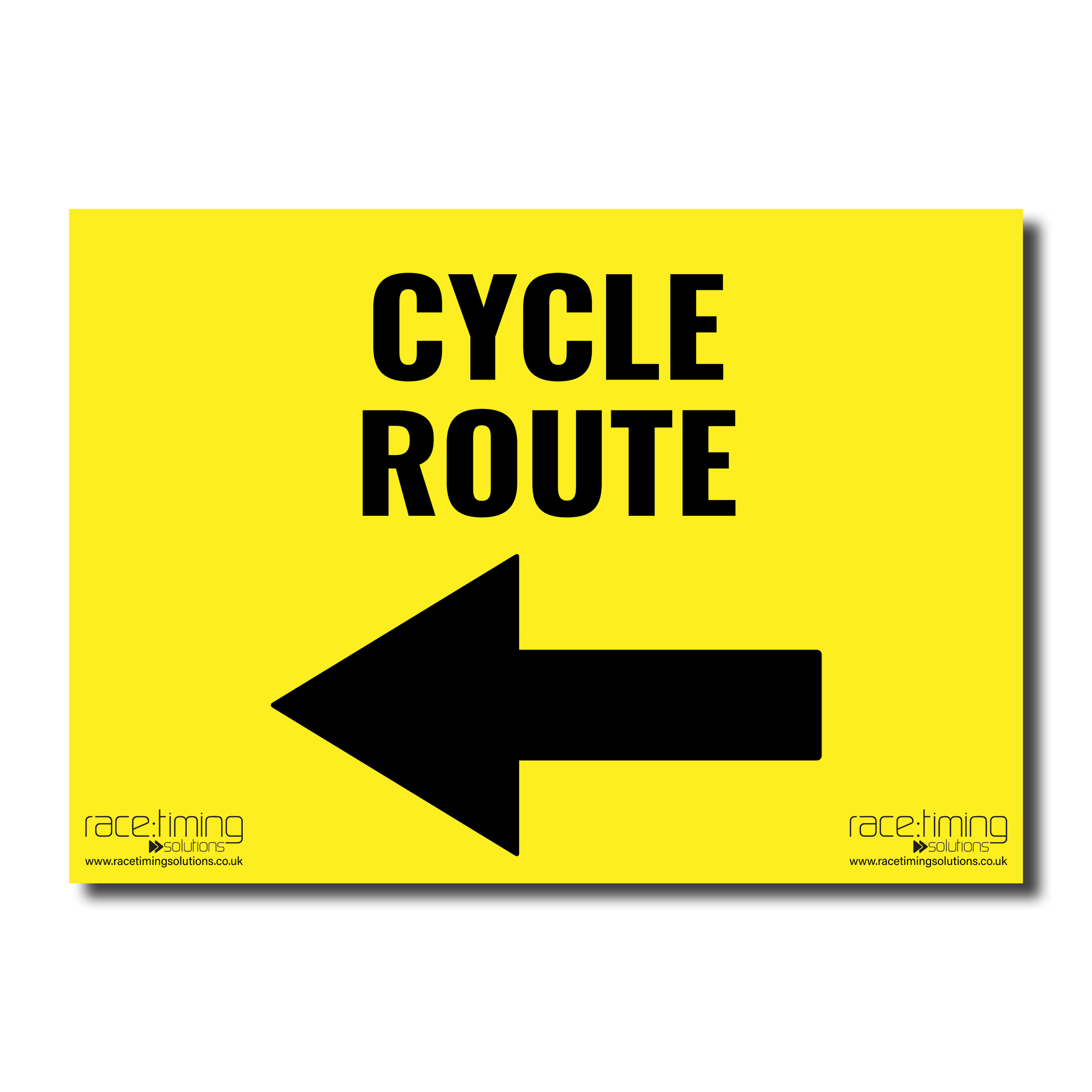 Yellow sign with 'Cycle Route' and an arrow pointing left