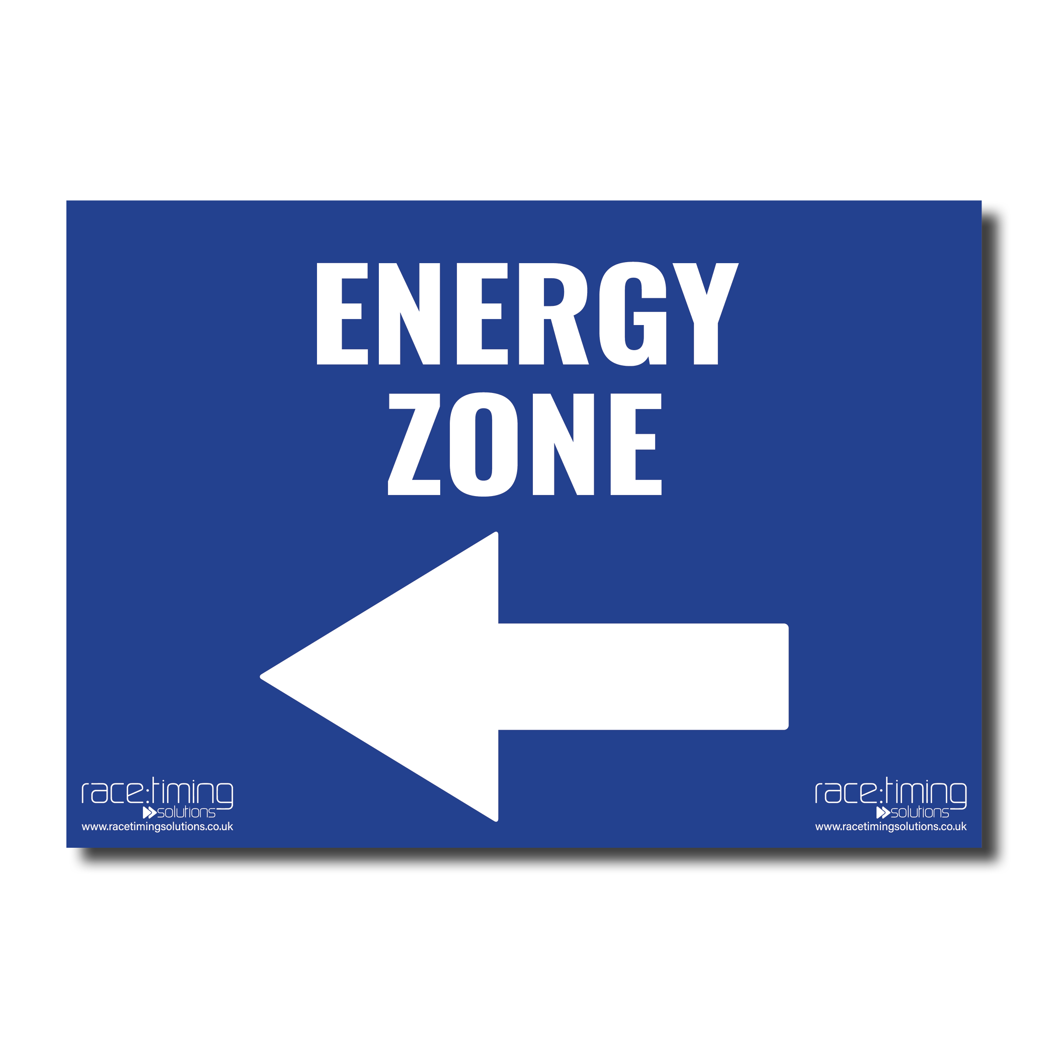 Blue sign with 'ENERGY ZONE' and an arrow pointing left
