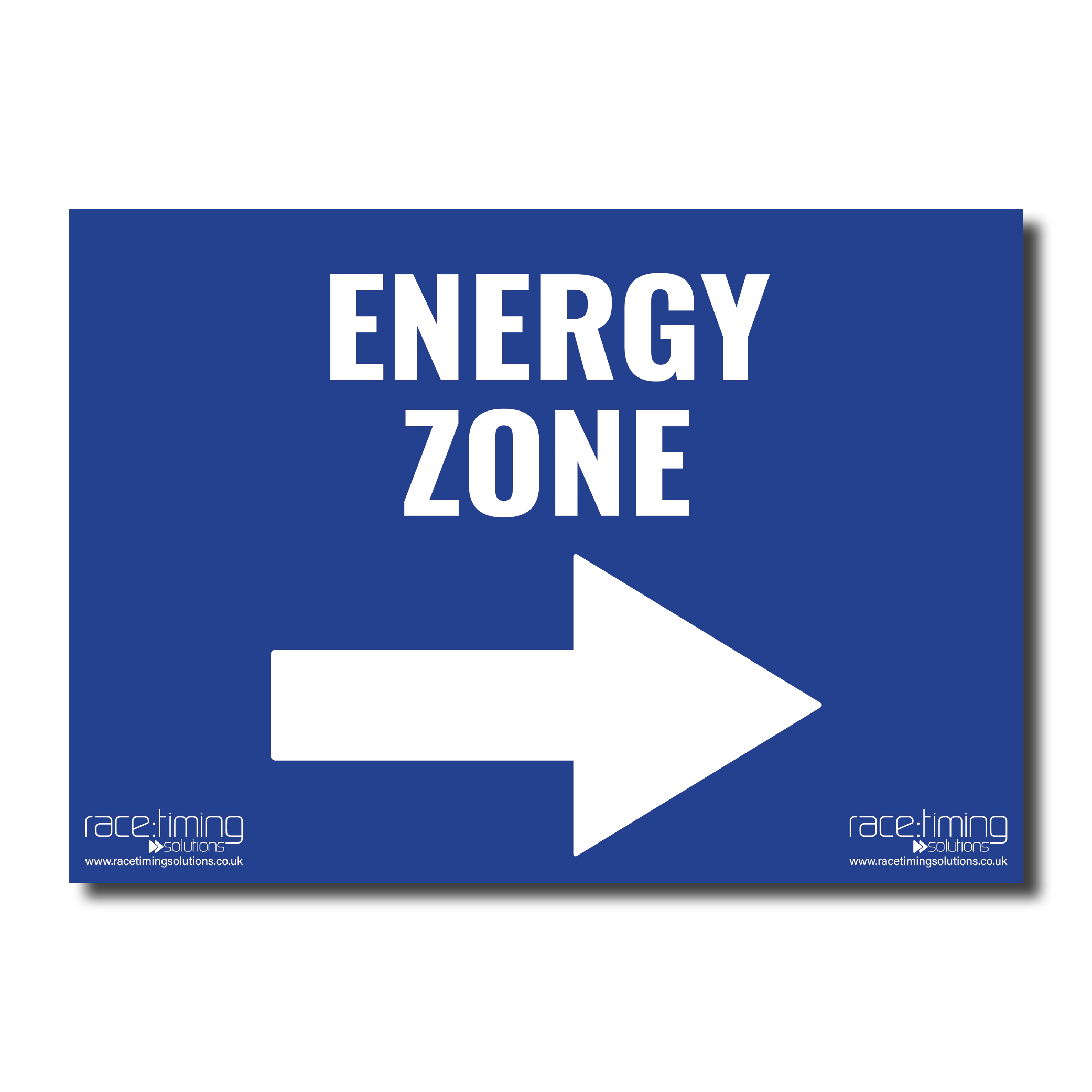 Blue sign with 'ENERGY ZONE' and an arrow pointing right
