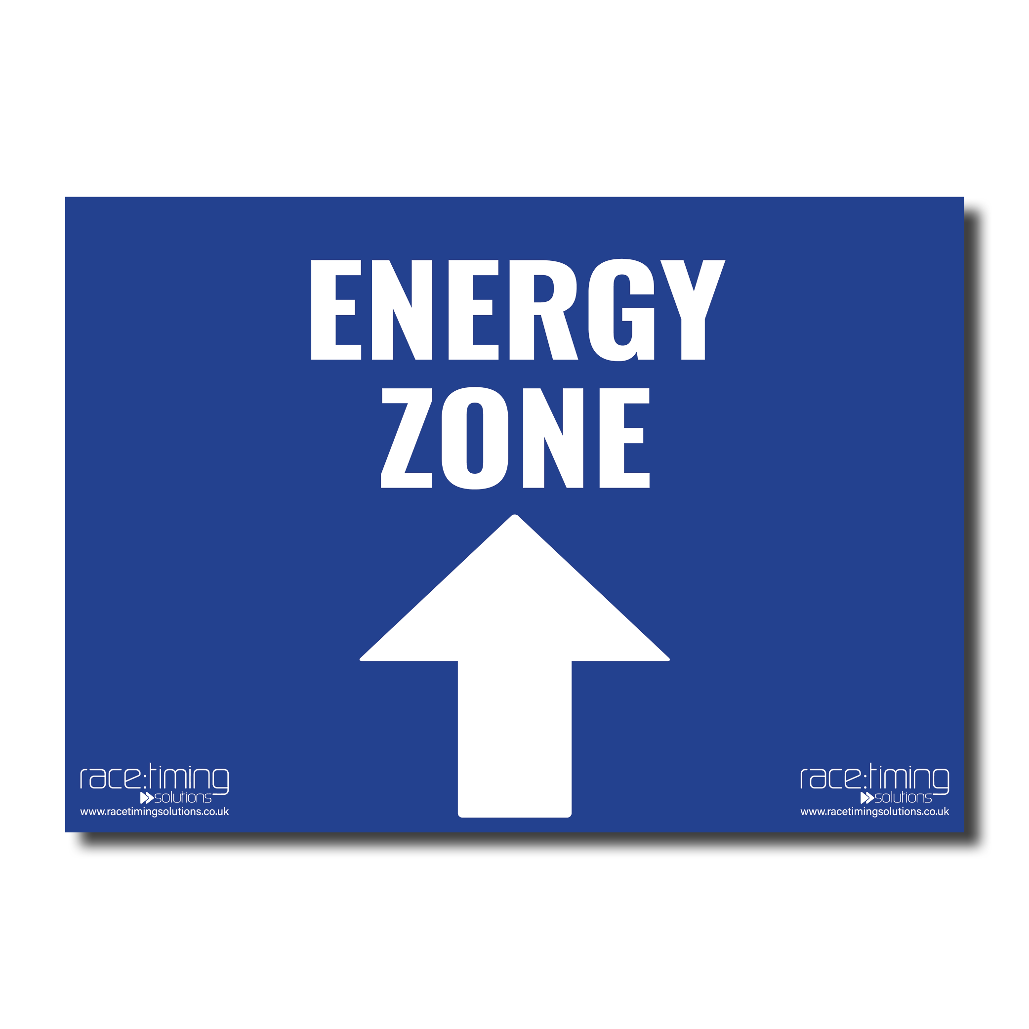Blue sign with 'ENERGY ZONE' and an arrow pointing straight (up)