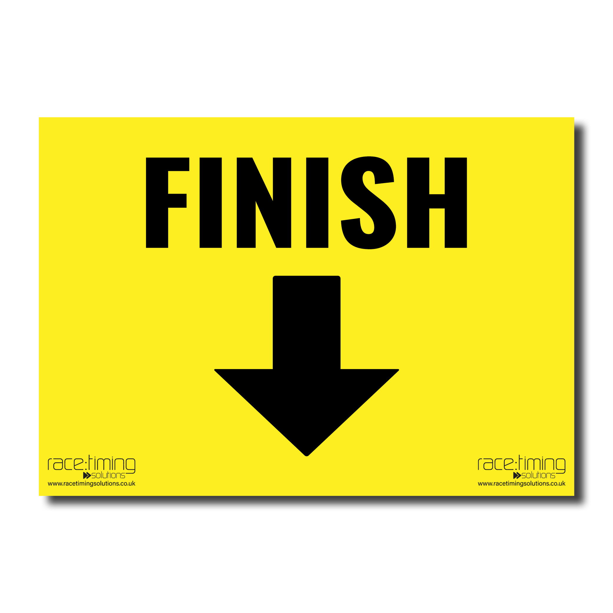 Yellow sign with black 'FINISH' text and an arrow pointing down