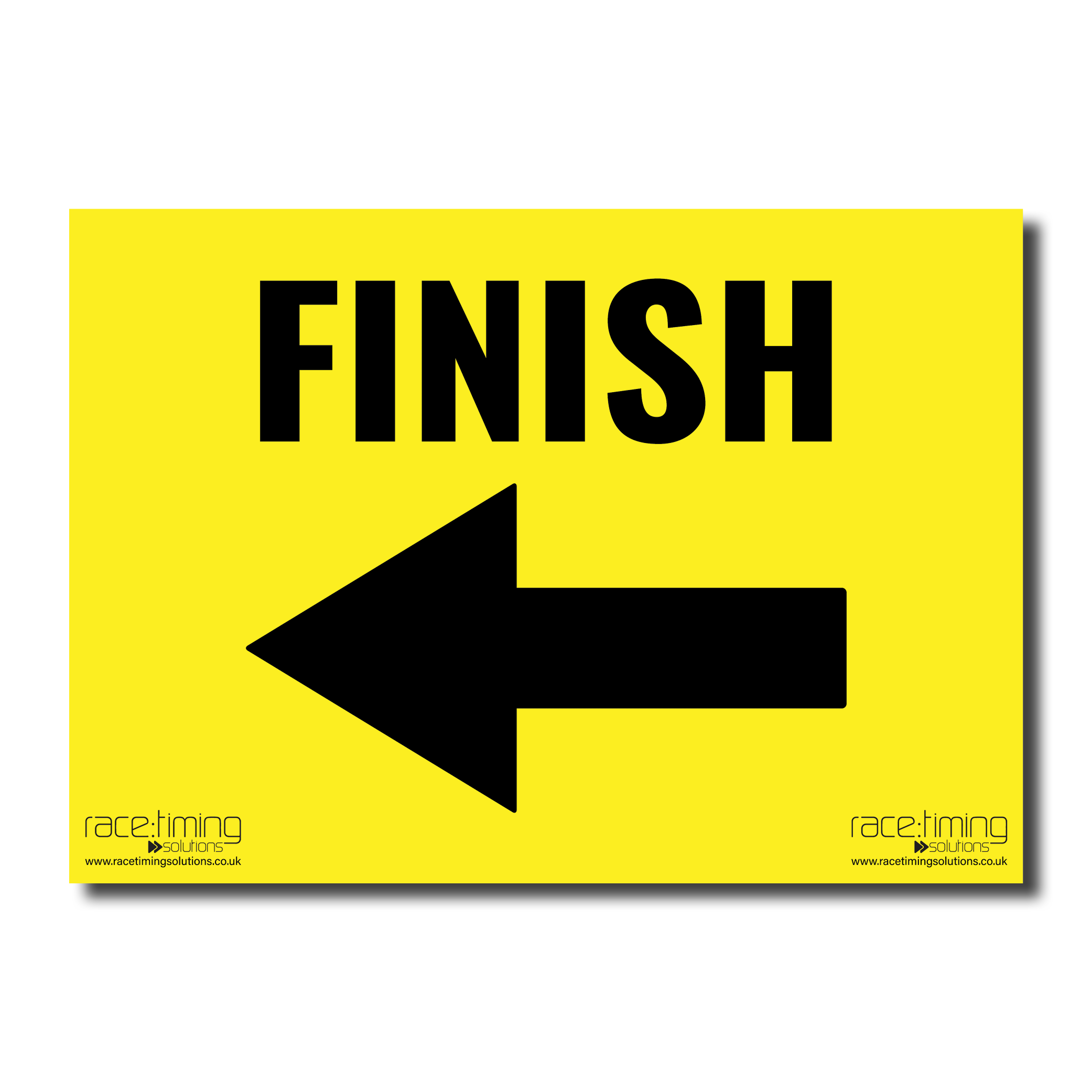 Yellow sign with black 'FINISH' text and an arrow pointing left