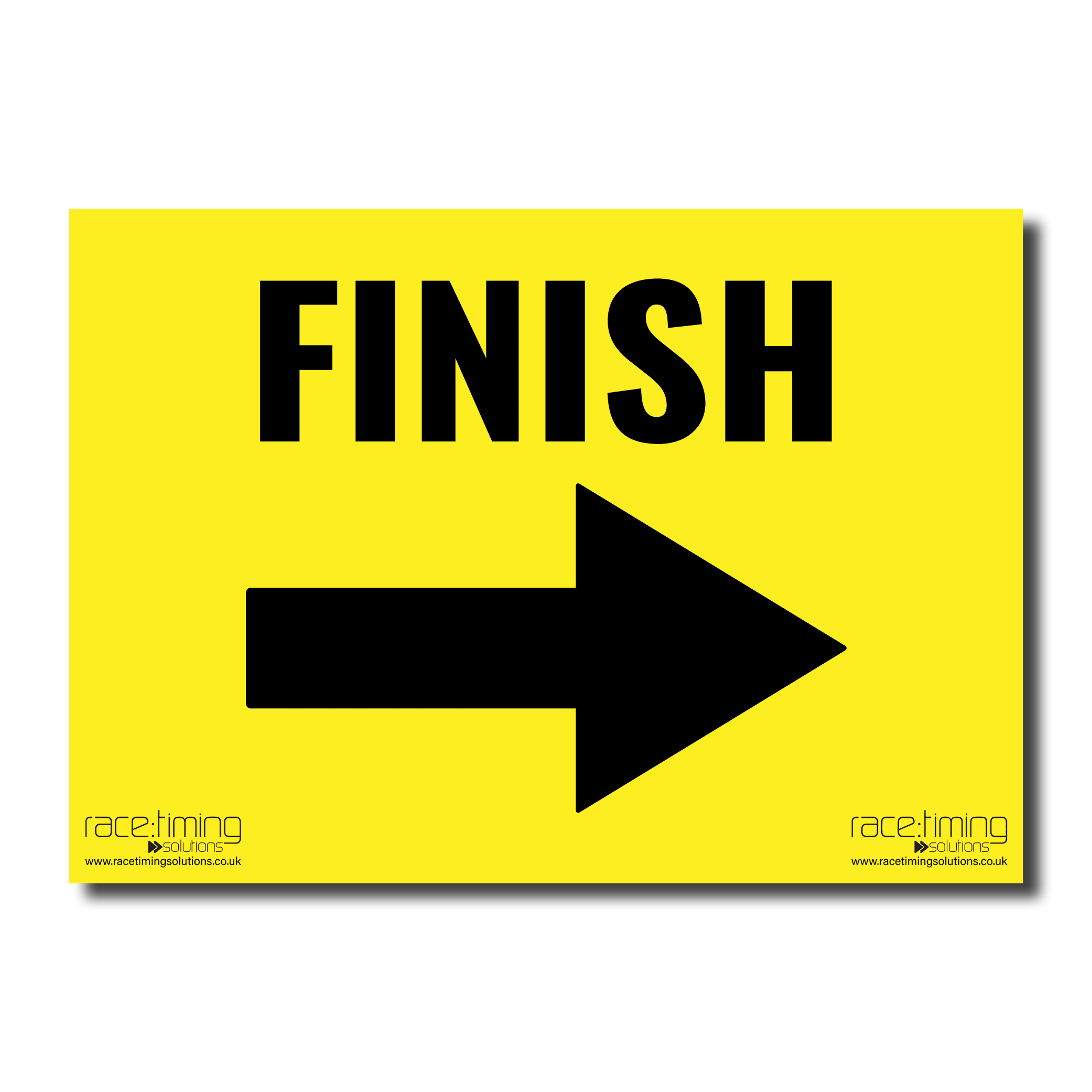 Yellow sign with black 'FINISH' and an arrow pointing right