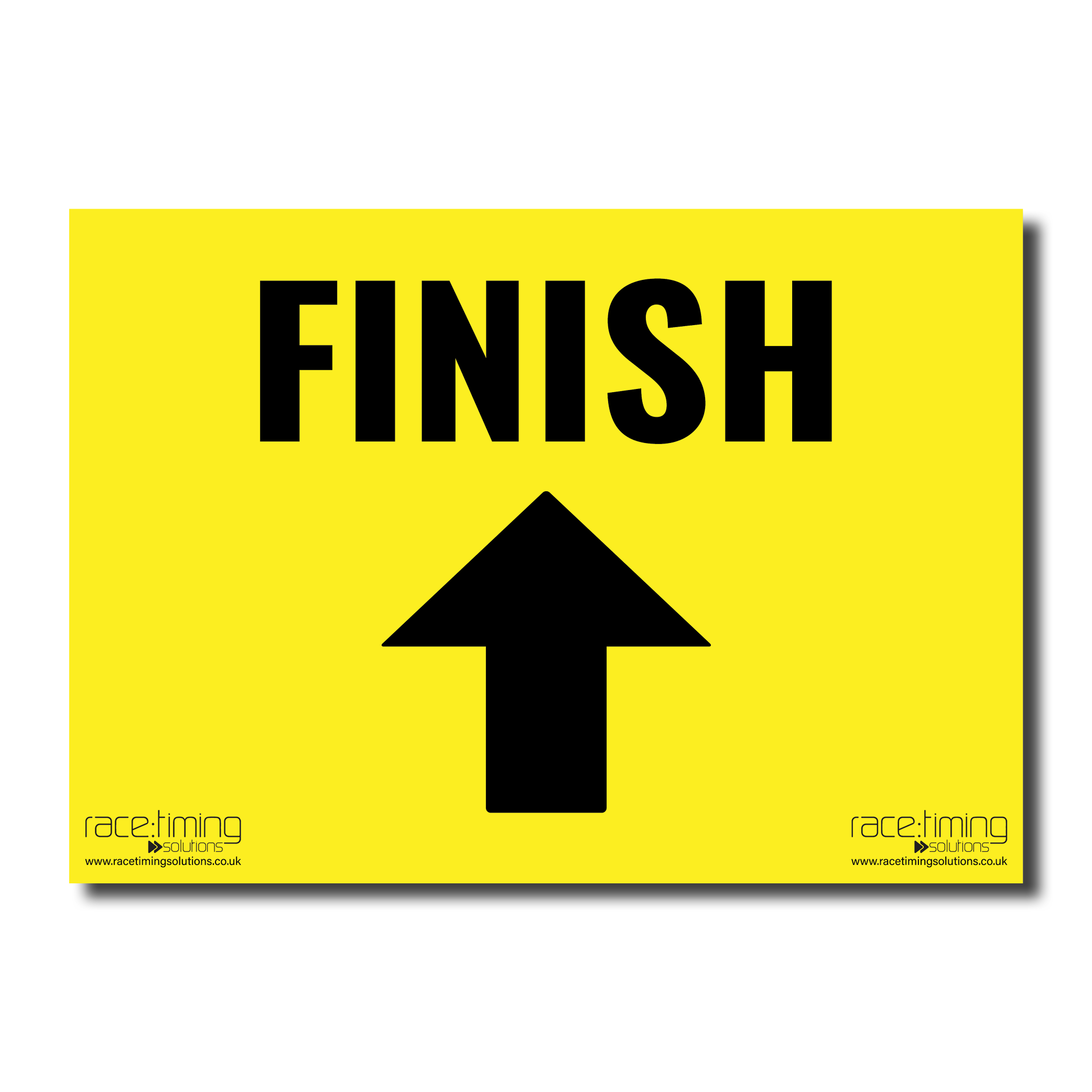 Yellow sign with black 'FINISH' text and an arrow pointing straight (up)