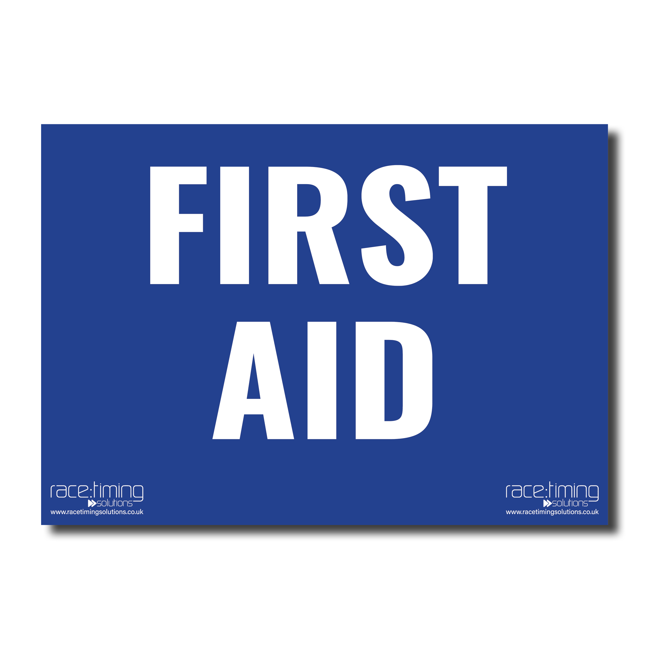Blue sign with 'FIRST AID' text