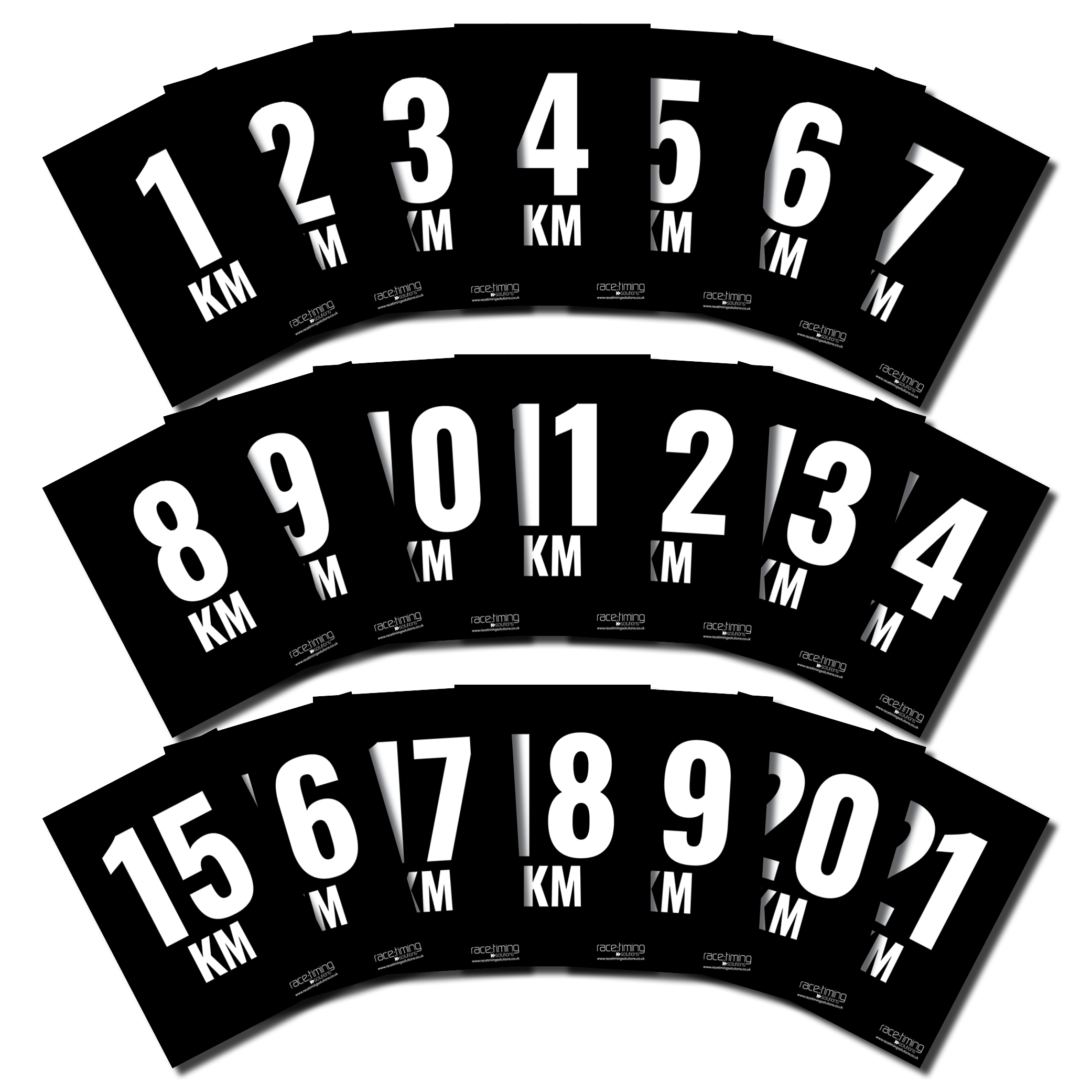 Set of black distances markers with white text and RTS branding