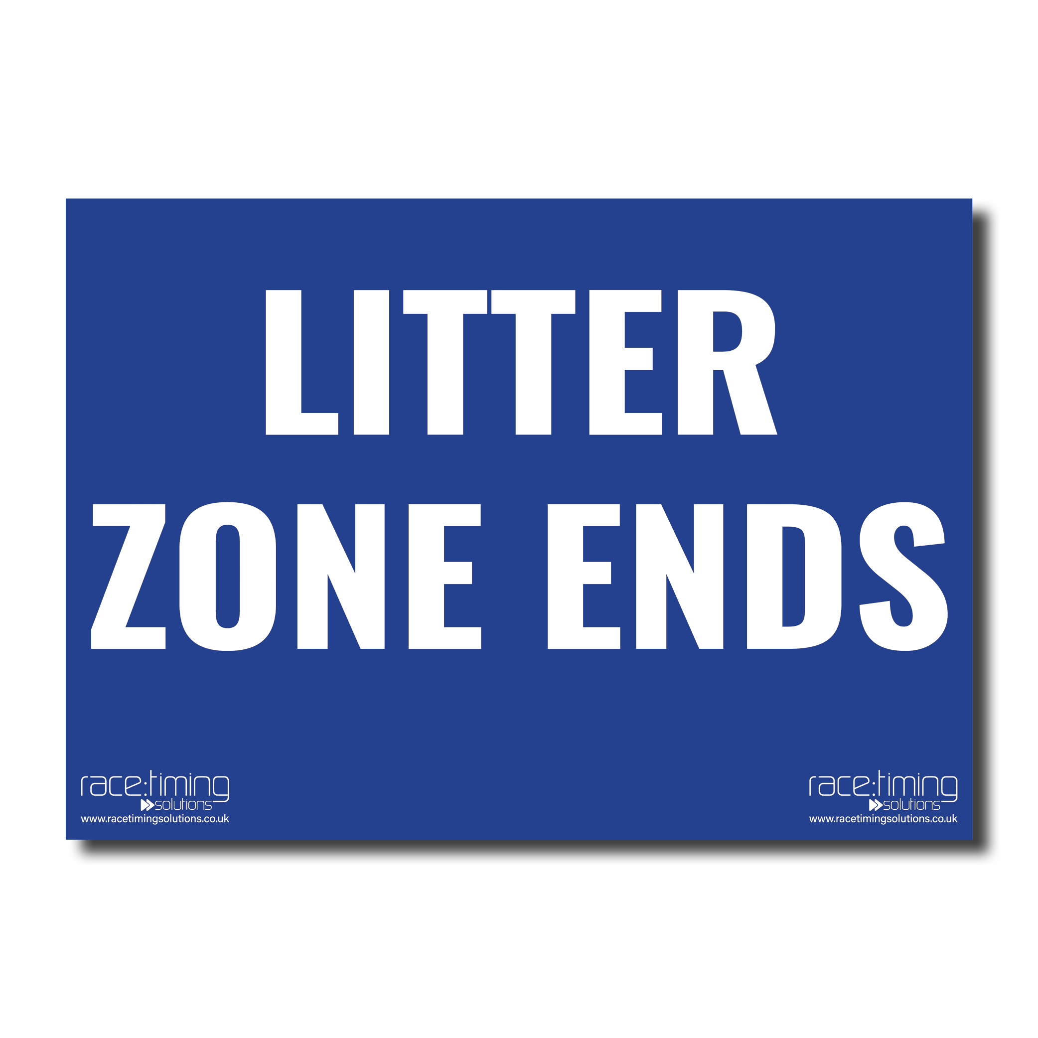 Blue sign with 'LITTER ZONE ENDS' text 