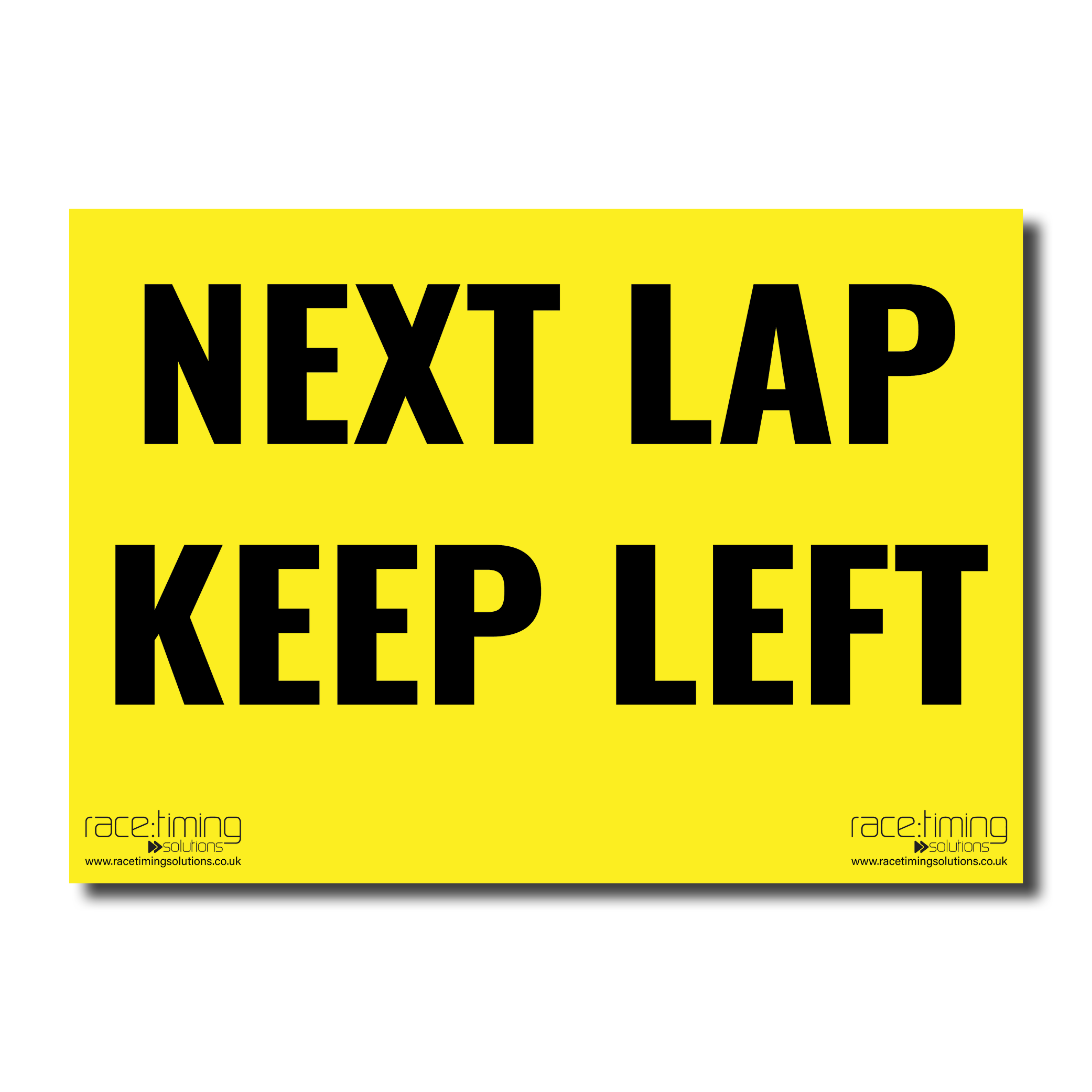 Yellow sign with black 'NEXT LEFT KEEP LEFT' text