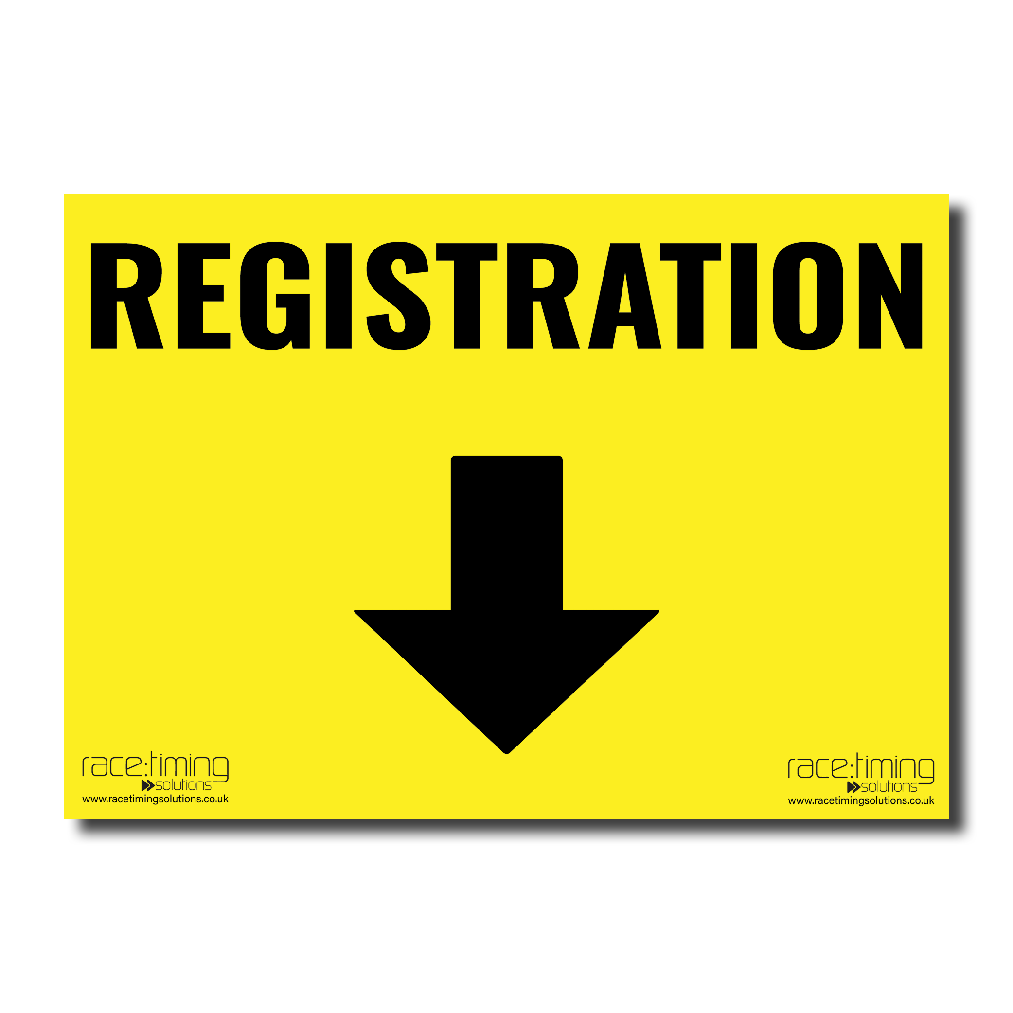 Yellow sign with 'REGISTRATION' and an arrow pointing downwards
