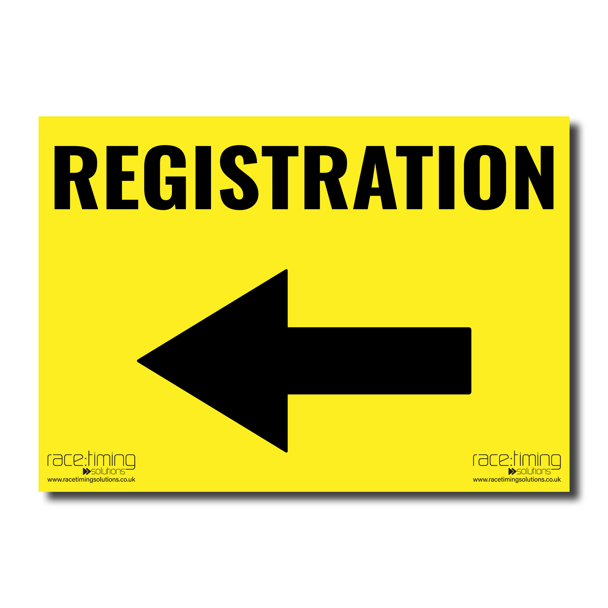 Yellow sign with black text and arrow pointing left, indicating registration direction.