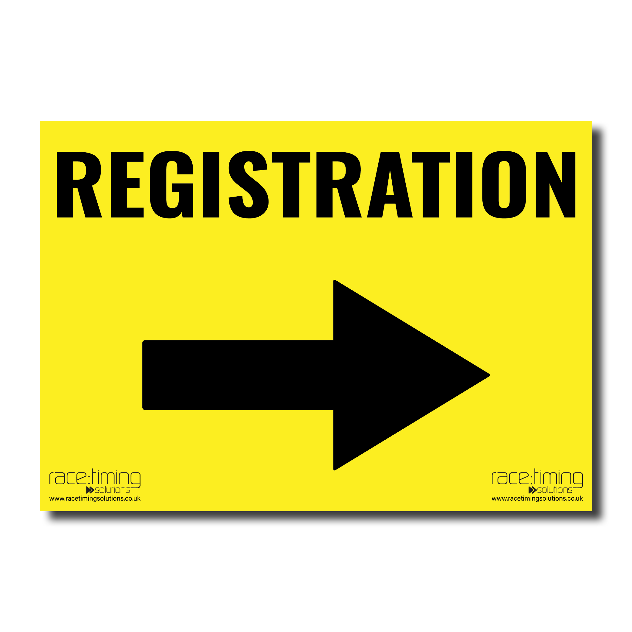 Yellow sign with 'REGISTRATION' and an arrow pointing right