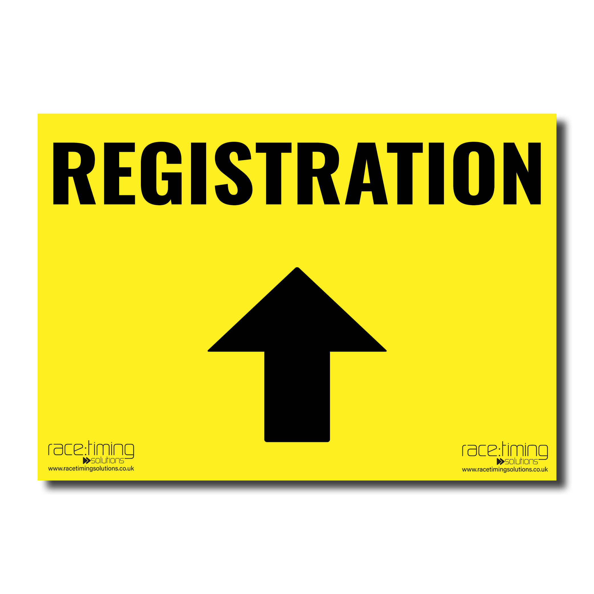 Yellow sign with 'REGISTRATION' and an arrow pointing straight (up)