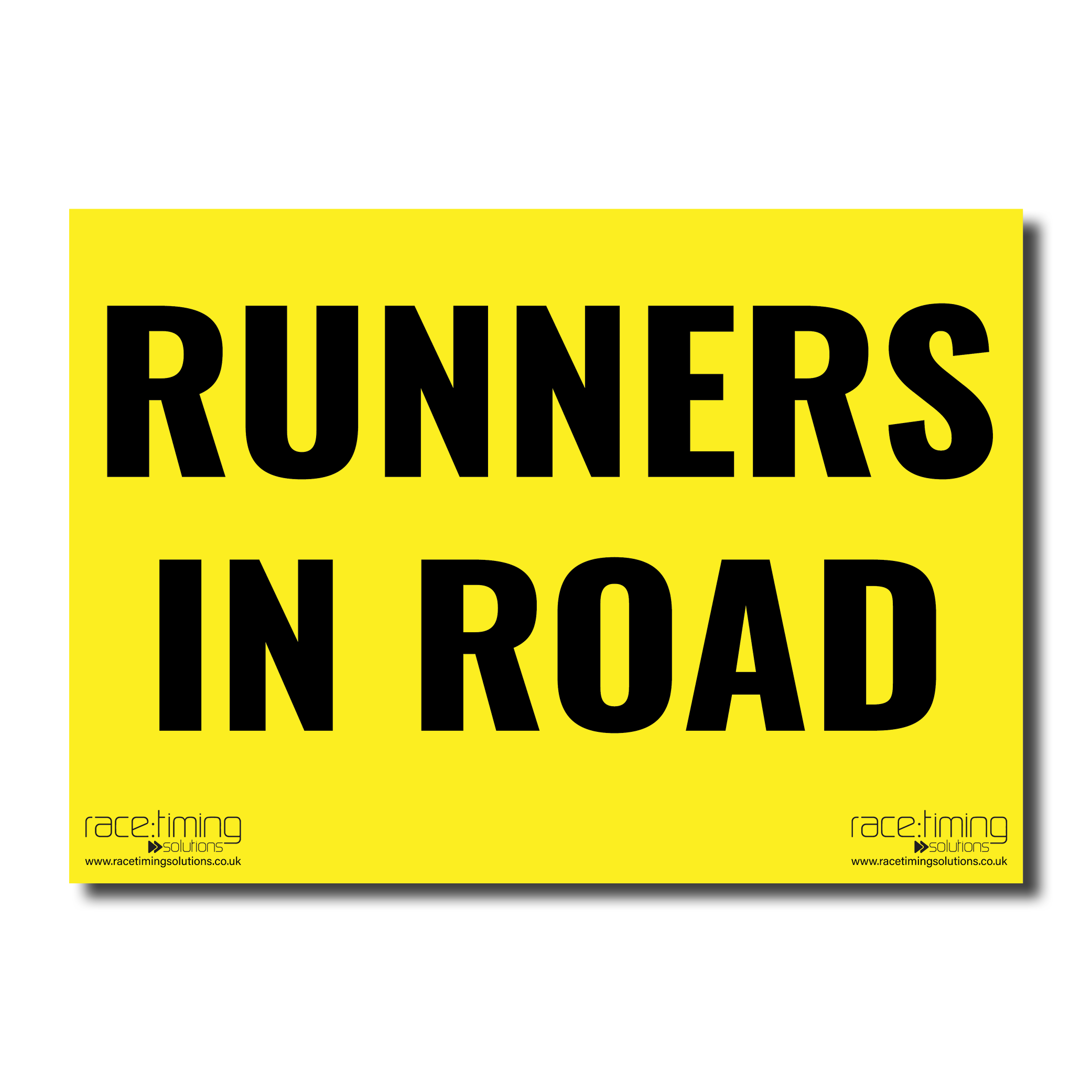 Yellow sign with black text 'RUNNERS IN ROAD'