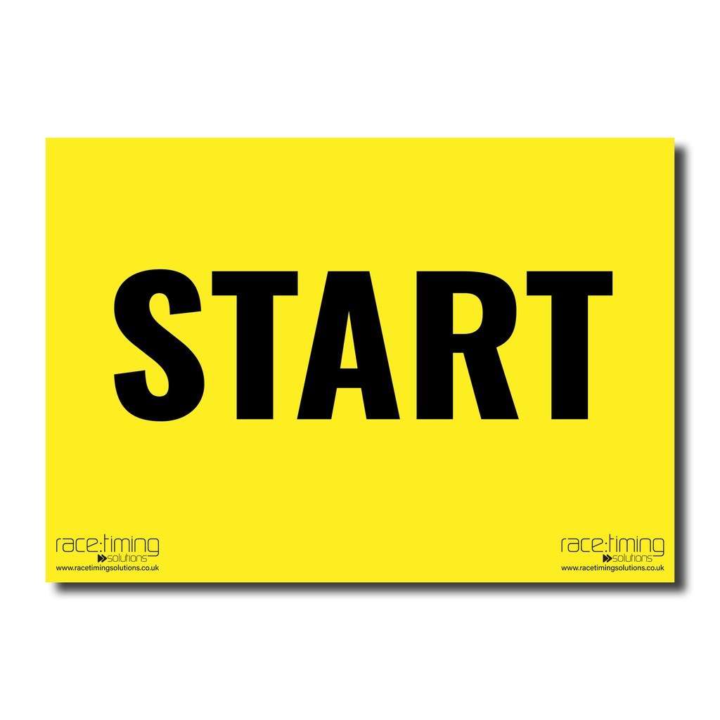 Yellow sign with black 'START' text
