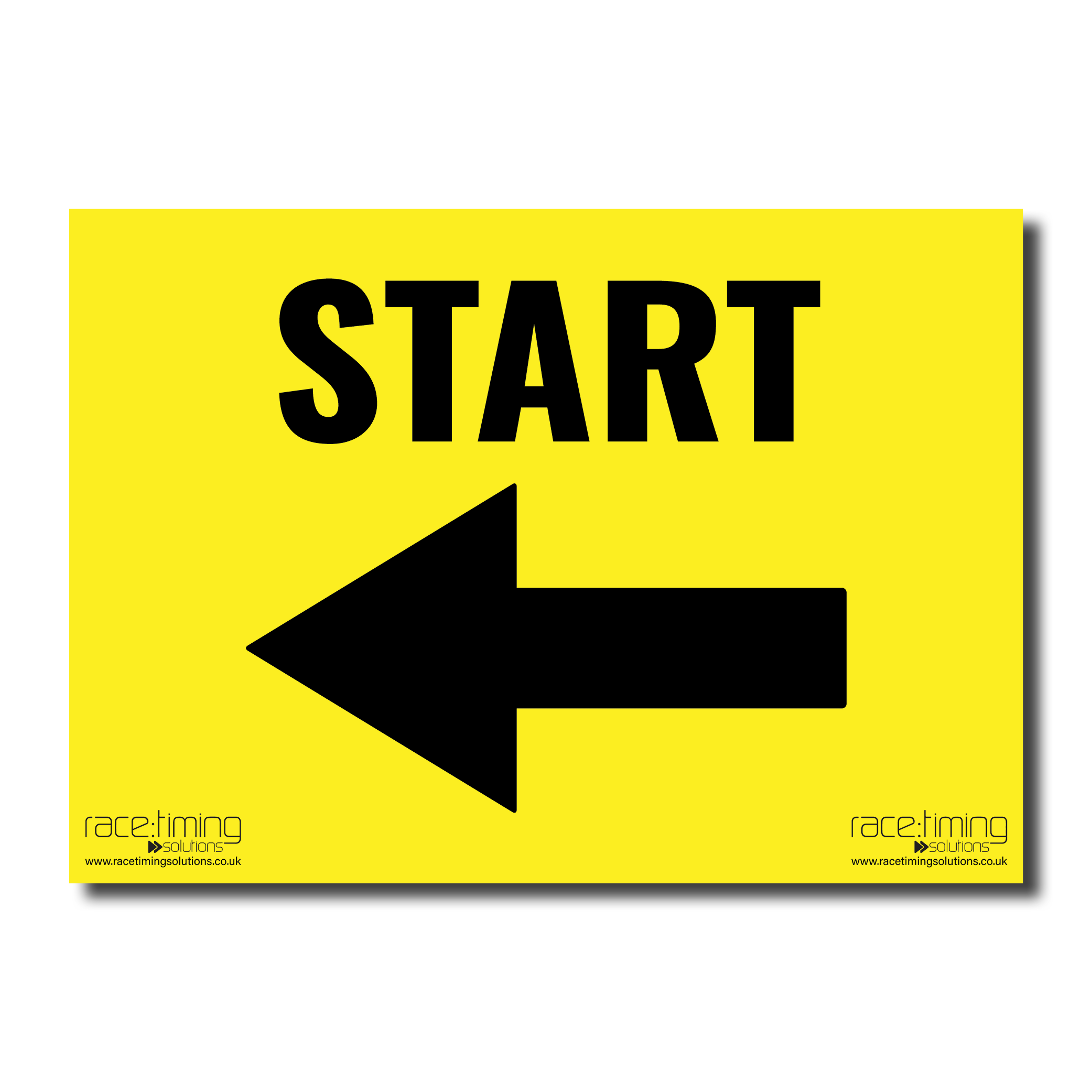 Yellow sign with black 'START' text and arrow pointing left