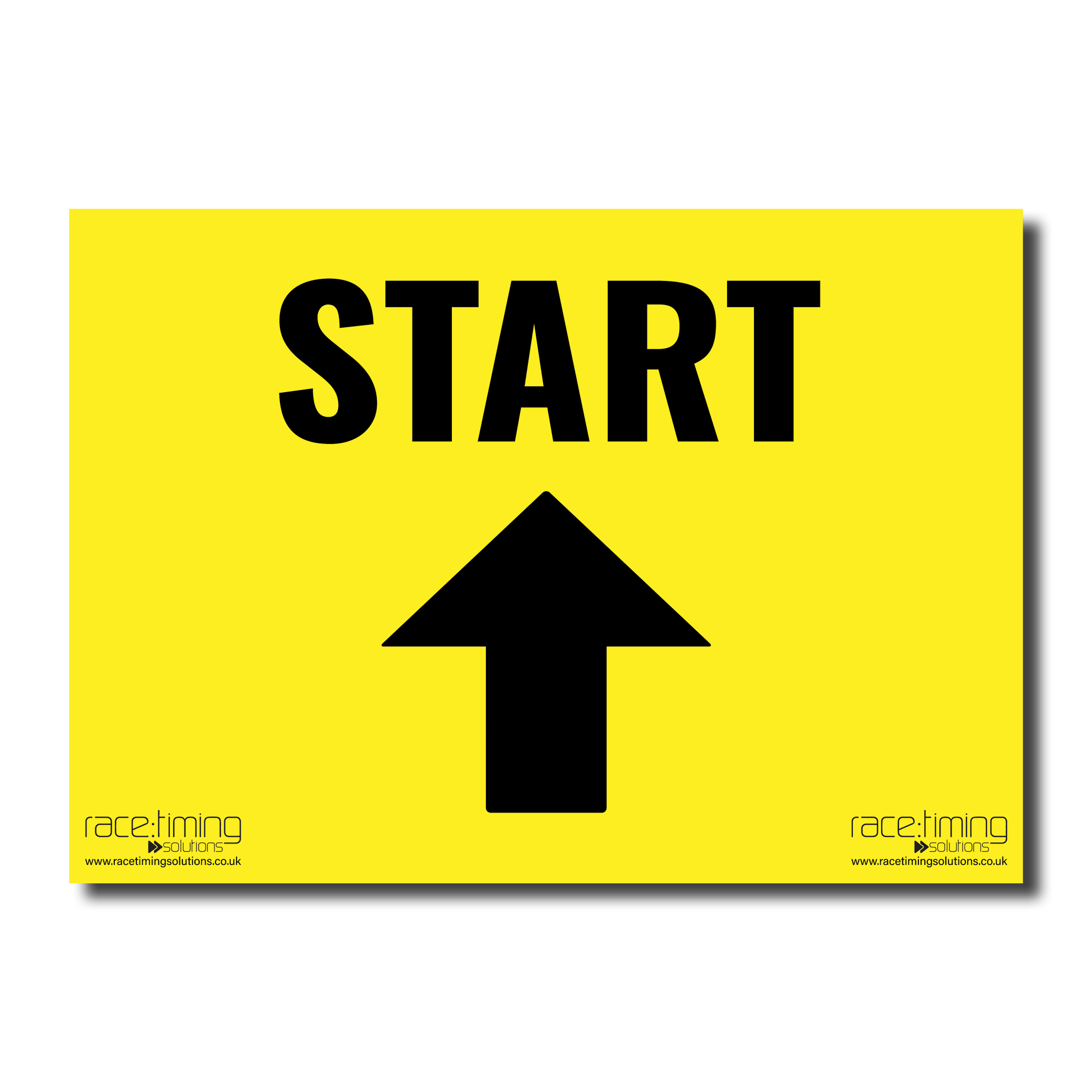 Yellow sign with black 'START' and an arrow pointing straight (up)