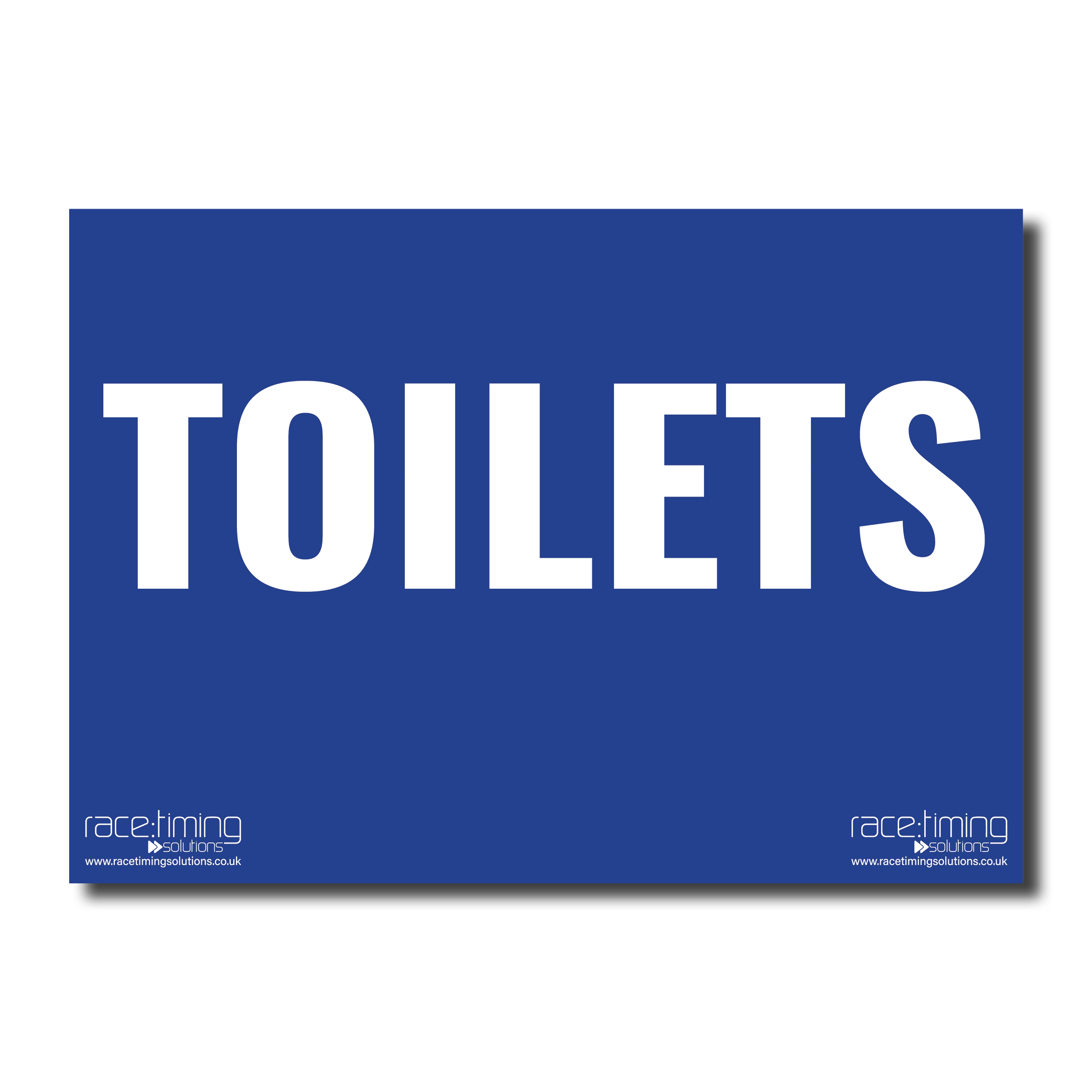 Blue sign with 'TOILETS' in white text