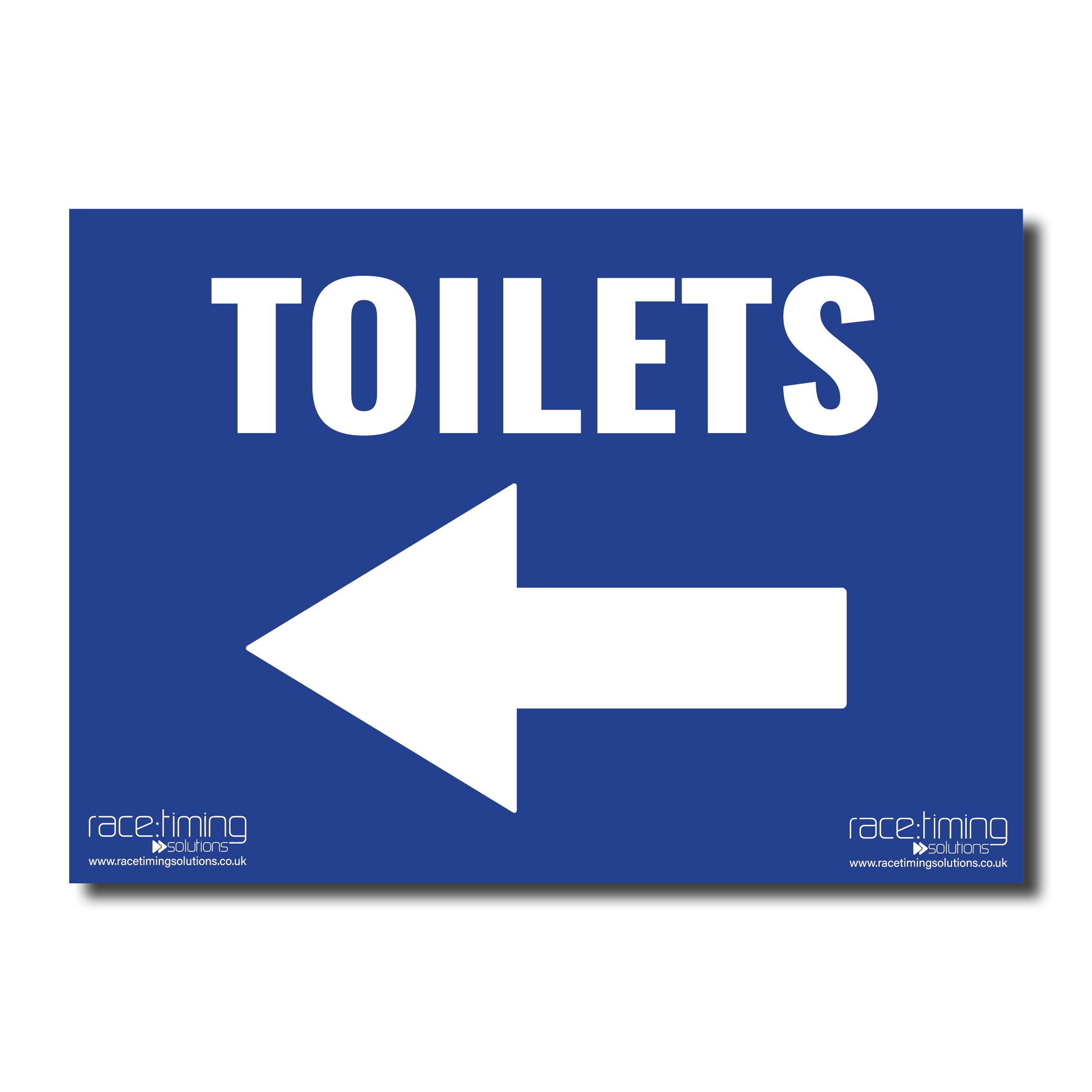 Blue sign with 'TOILETS' and an arrow pointing left