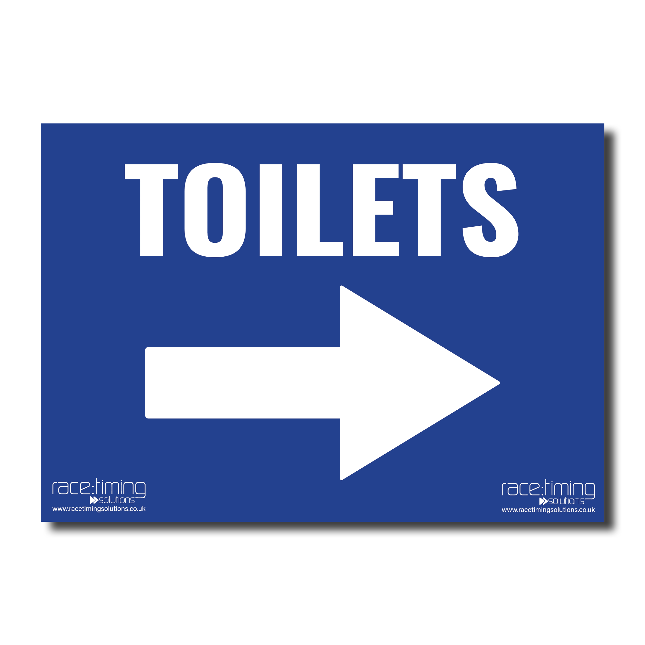 Blue sign with 'TOILETS' and an arrow pointing right