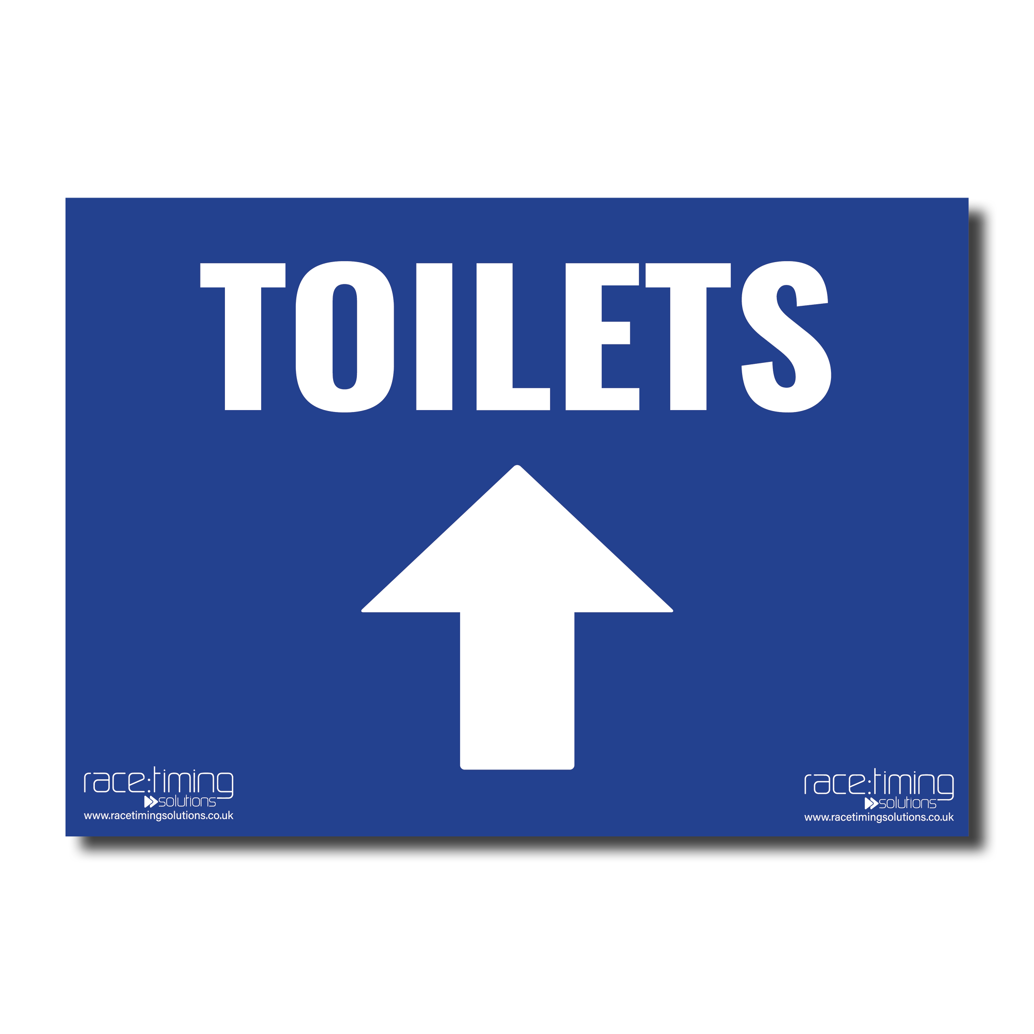 Blue sign with "TOILETS" text in white with an arrow pointing up (straight)