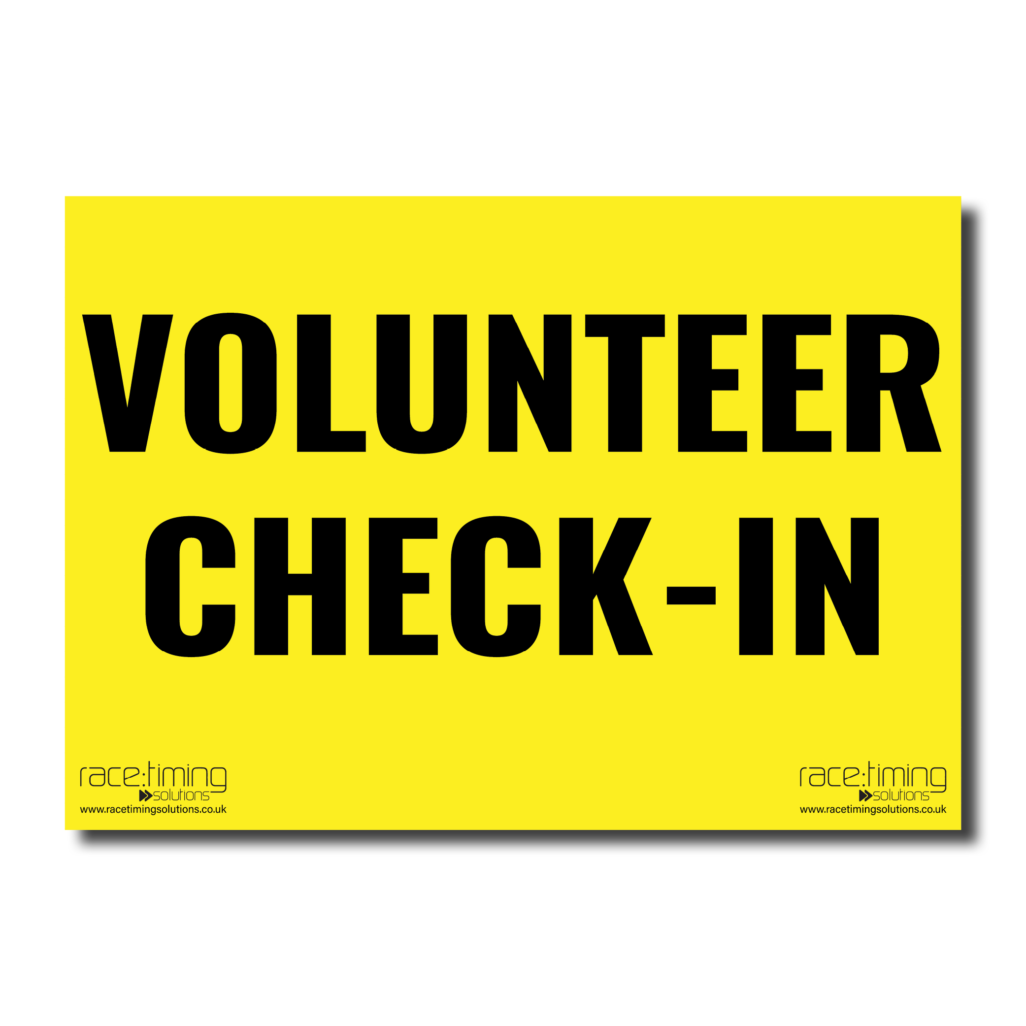 Yellow sign with black 'Volunteer Check-In' text