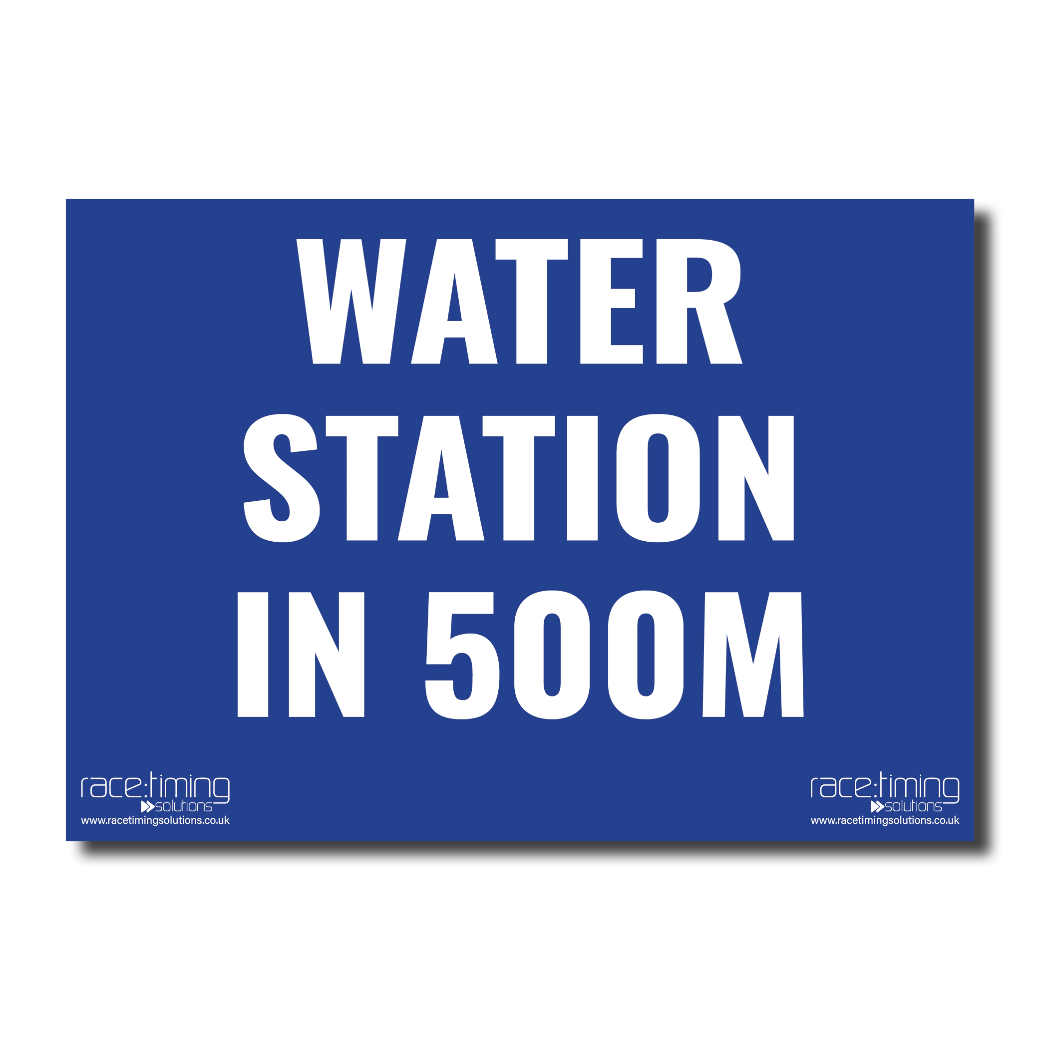 Blue sign with white text indicating a water station in 500 meters 