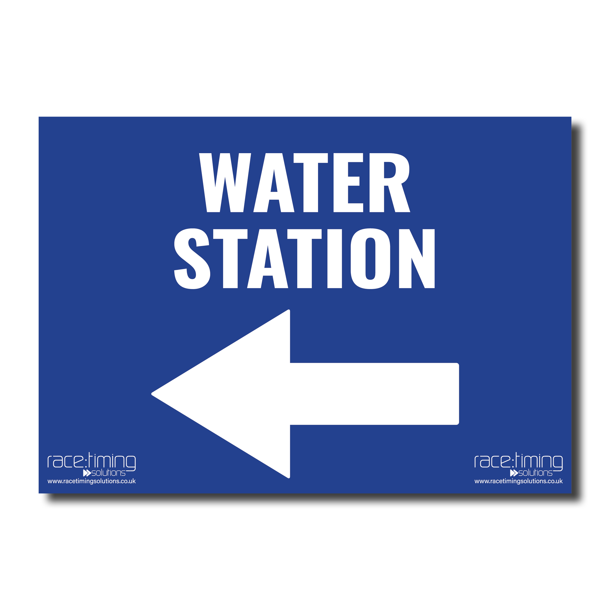 Blue sign with 'WATER STATION' and an arrow pointing left