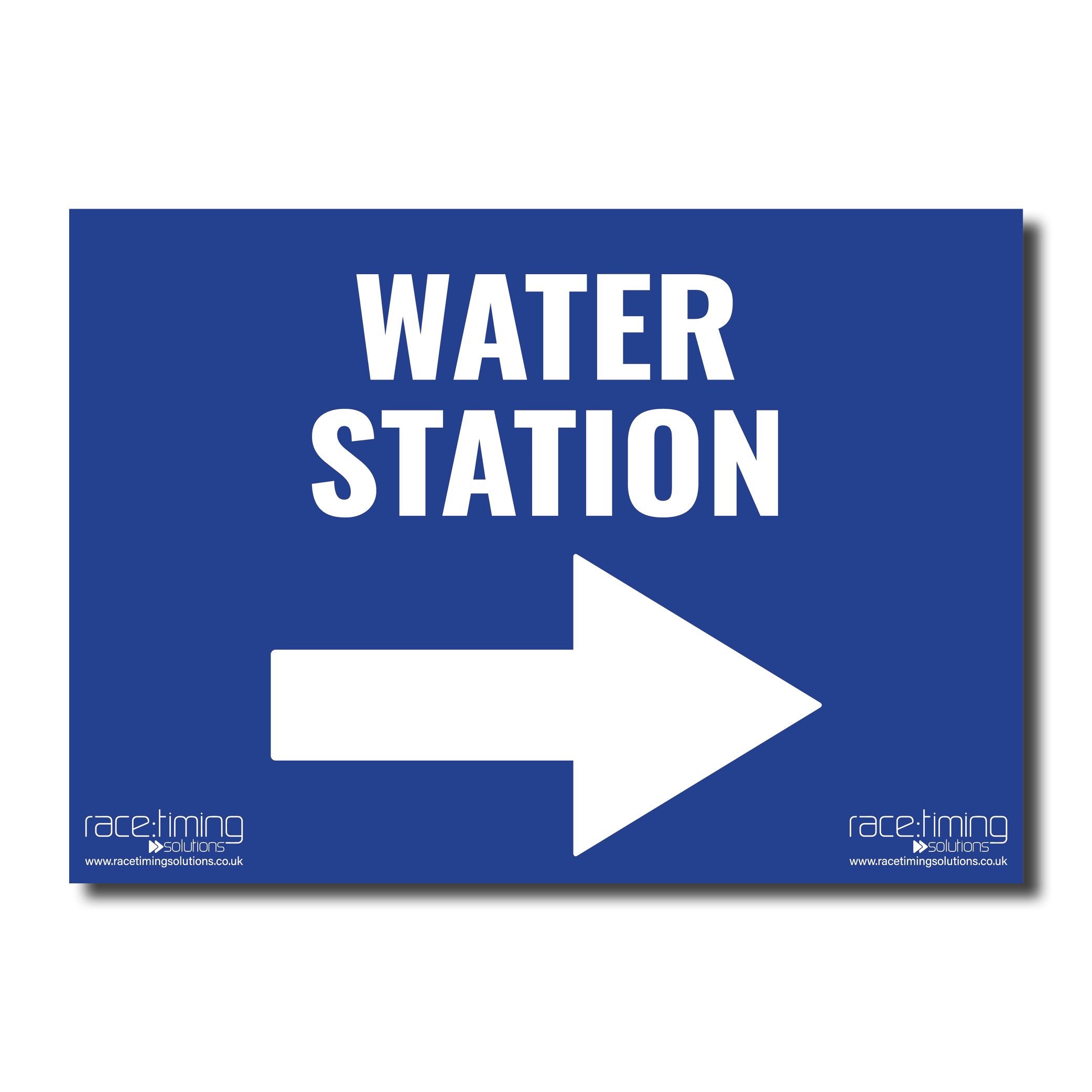 Blue sign with 'WATER STATION' and an arrow pointing right