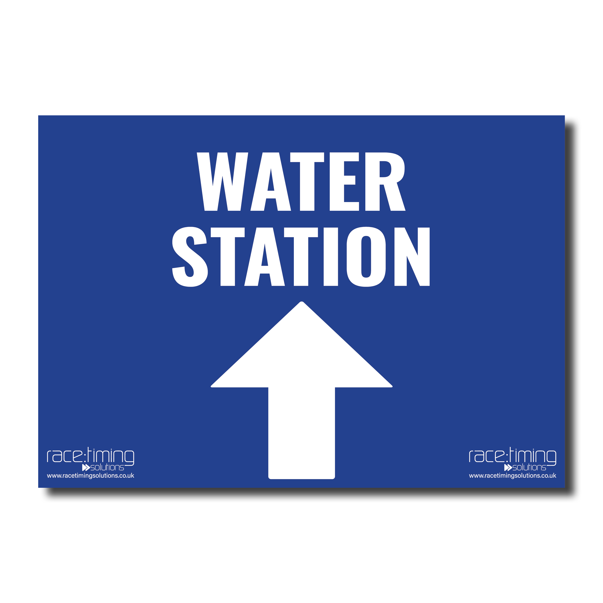Blue sign with 'WATER STATION' and an arrow pointing straight (up)